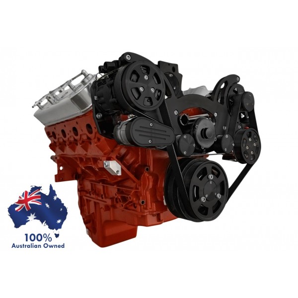 GM HOLDEN CHEVY LS 1,2,3 AND 6 ENGINE SERPENTINE KIT - AC AIR COMPRESSOR, ALTERNATOR & POWER STEERING PULLEY AND BRACKETS BLACK FINISH SUIT ELECTRIC WATER PUMP MID MOUNT